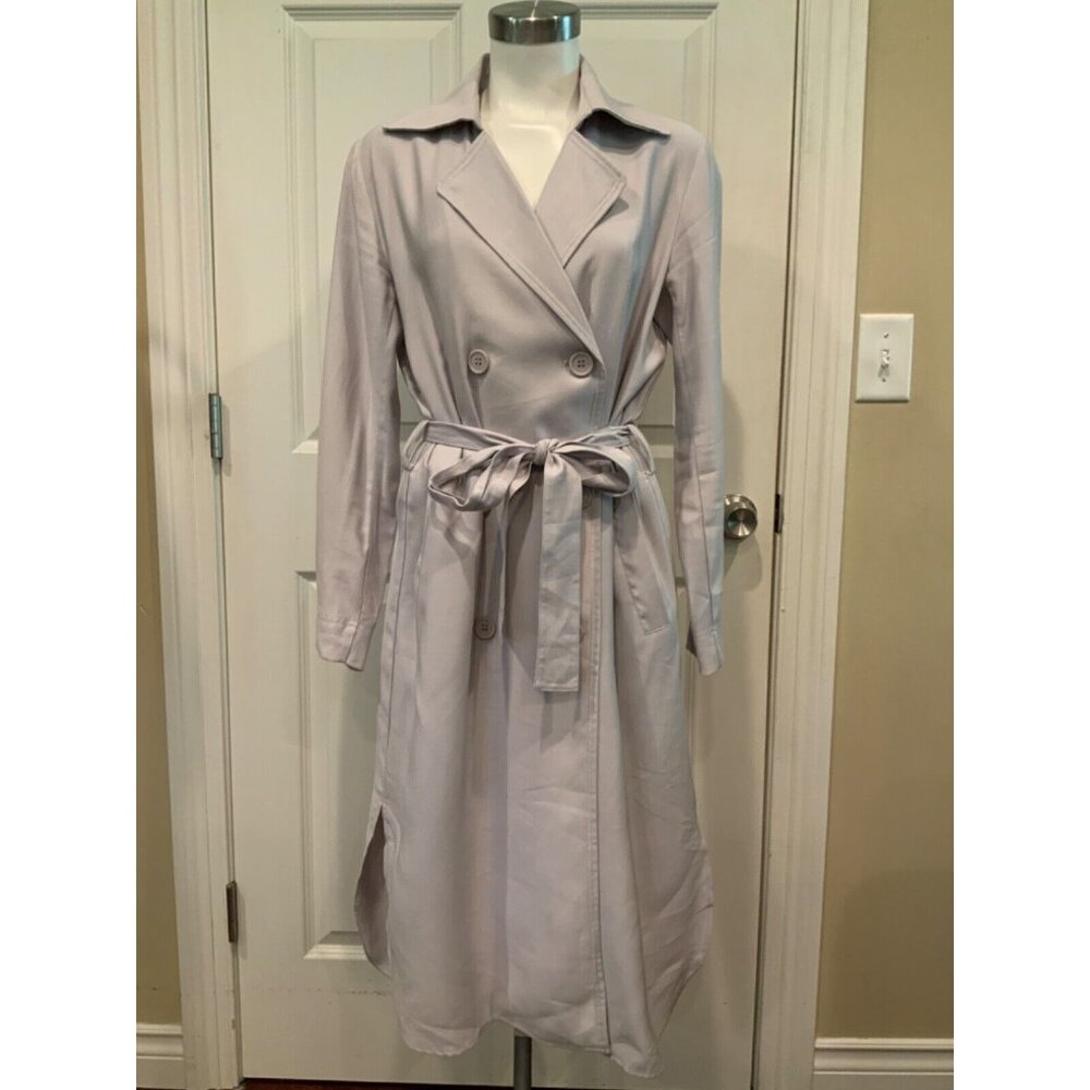 Gentle Fawn Gray Double Breasted Belted Long Trench Coat, Size S
